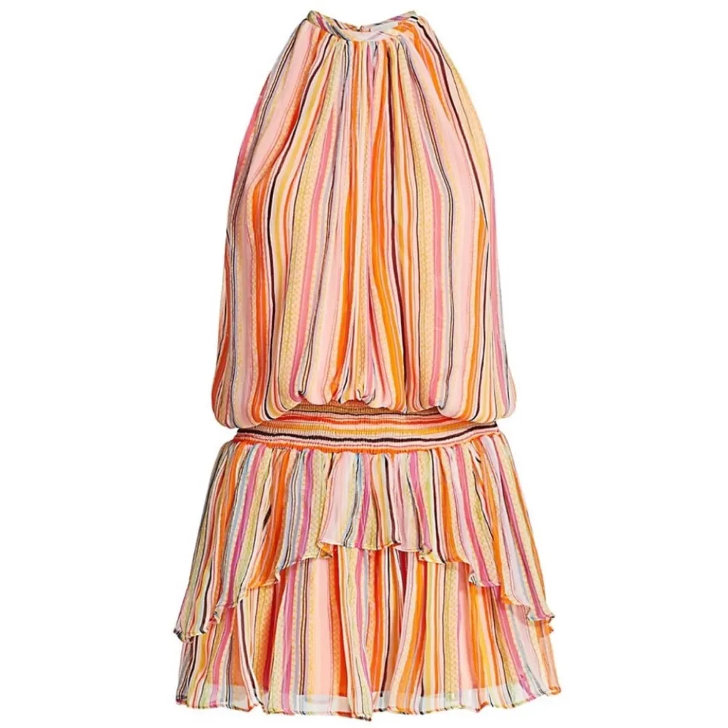 RAMY BROOK Tobie Striped Smocked Waist Sleeveless Orange Silk Mini Dres Size M - Image 3