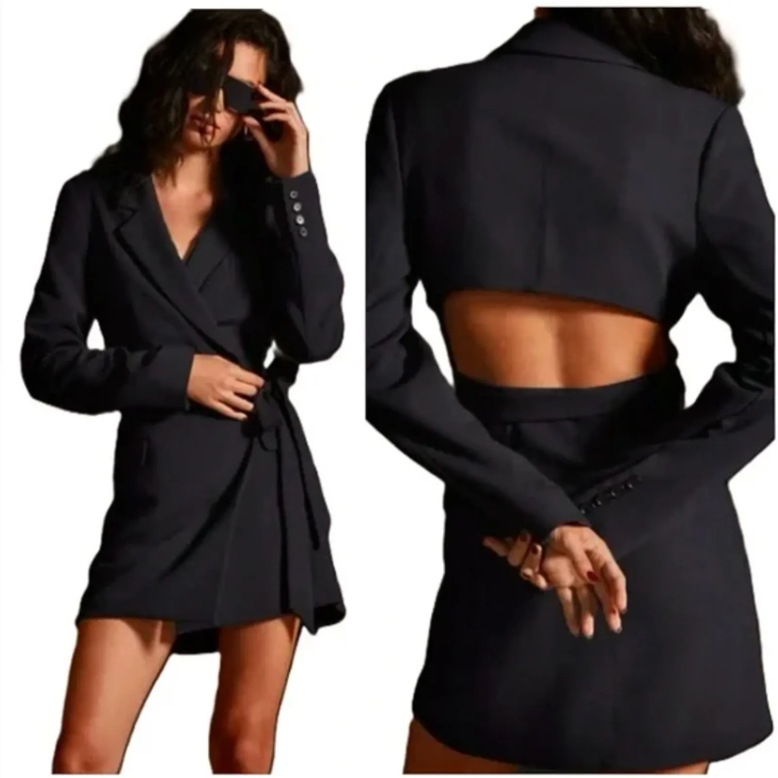 NWT By Anthropologie Tie Waist Blazer‎ Mini Dress Black Cutout Corpcore Size 16 - Image 2