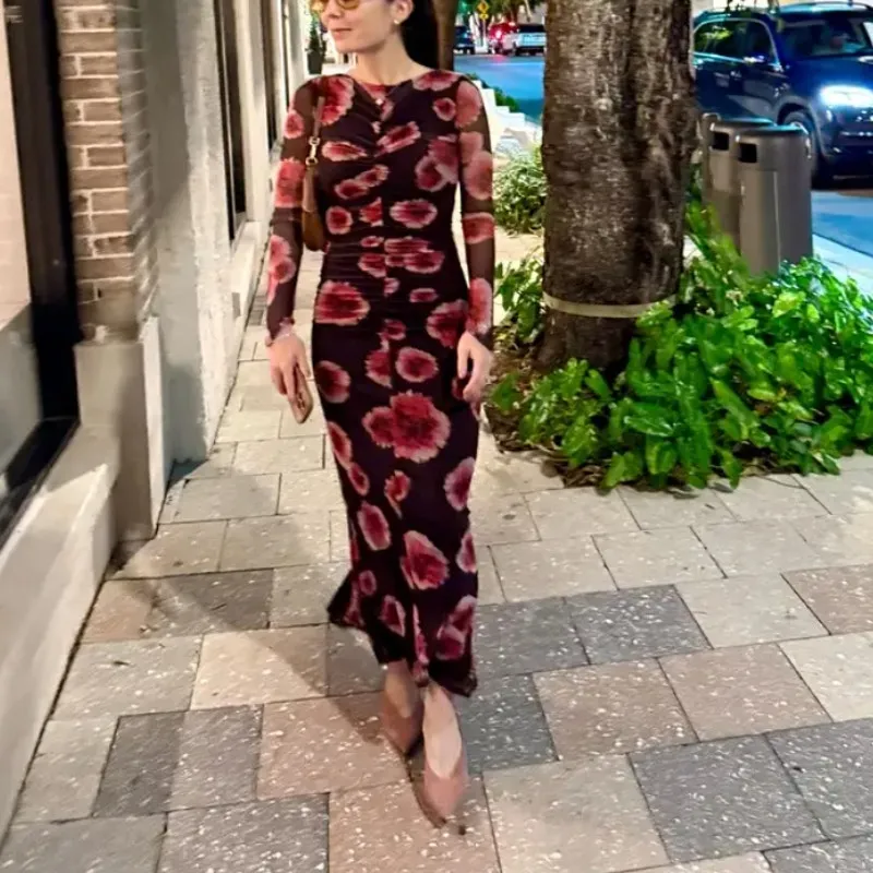 Suboo Black Floral Mesh Midi Dress LARGE Ruched Bodycon Cocktail Party Work $280 - Image 6