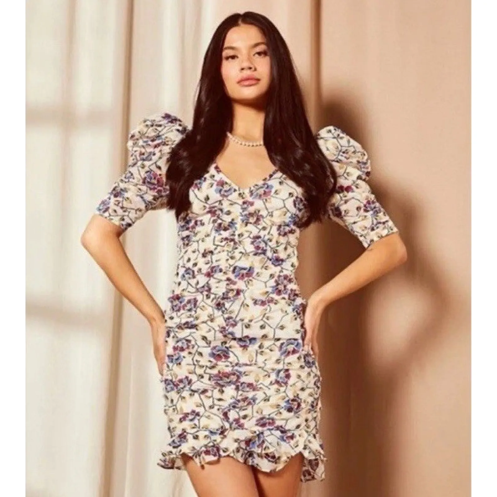 Isabel Marant Etoile Sireny Dress Cream Ecru Floral Multi Cotton Puff Sleeve 8 - Image 3