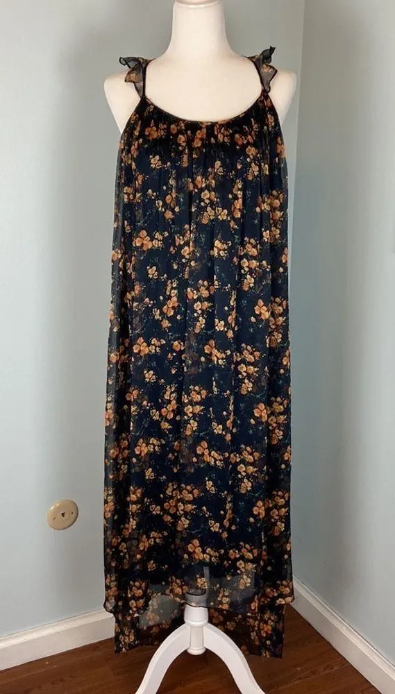 Zara Floral Sheer High Low Dress Halter Ruffles Size Small Orange Black - Image 7