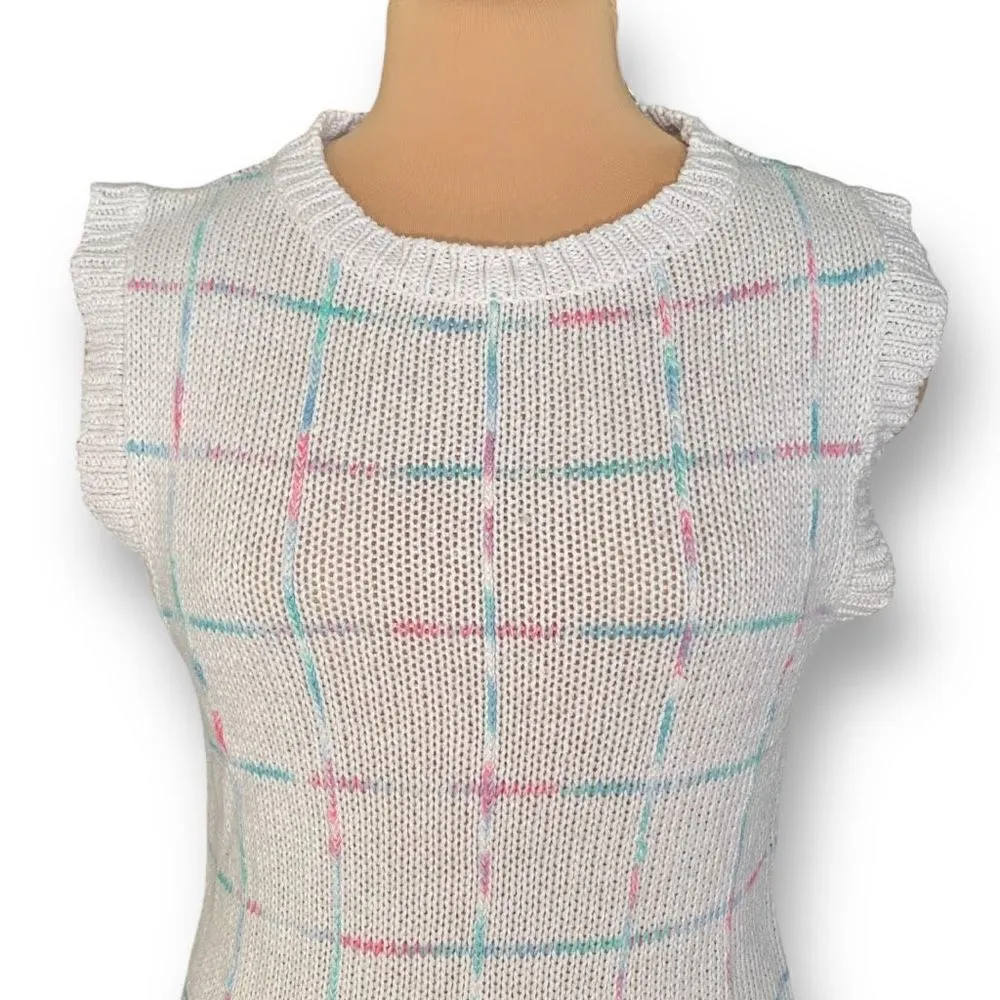 Vintage 90s Sweater Vest Neutral Knit Printed Crewneck Checkered Light Pink Size M - Image 4