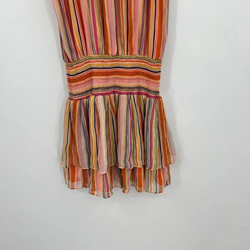 Ramy Brook Tobie Striped Smocked Waist Sleeveless Orange Silk Mini Dress Small - Image 6