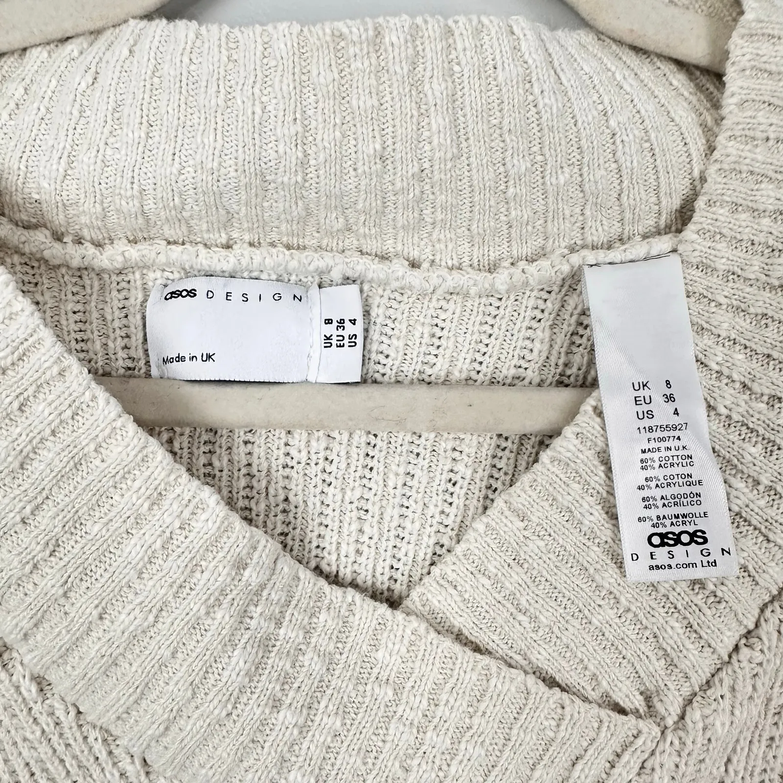 ASOS Ecru Knit Boxy Drop Sleeve Ribbed Long Crop Sweater Cotton Blend Size 4 - Image 2