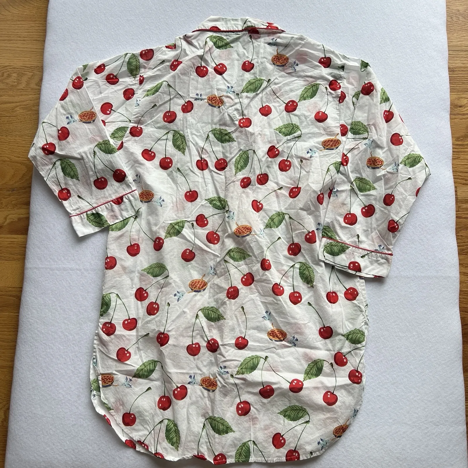 Nick & Nora Nightshirt S/M White Cherry Print Cotton‎ Button Front Sleep Shirt - Image 2