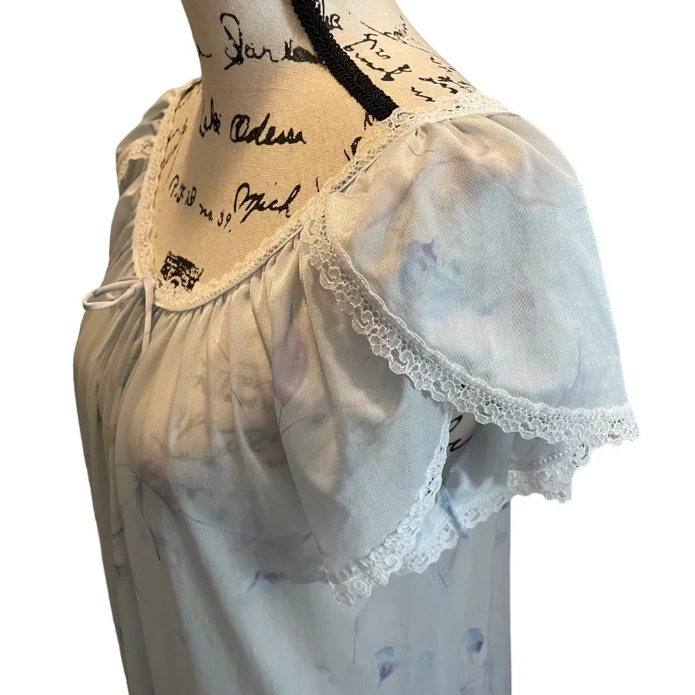 Vintage Miss Dira New York Sheer Nightgown Blue Floral Medium Lace trim Sexy - Image 3