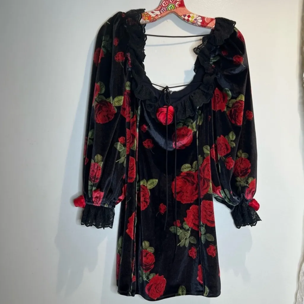 For Love & Lemons Yara‎ Rose Velvet Printed Romance Mini Dress M - Image 6