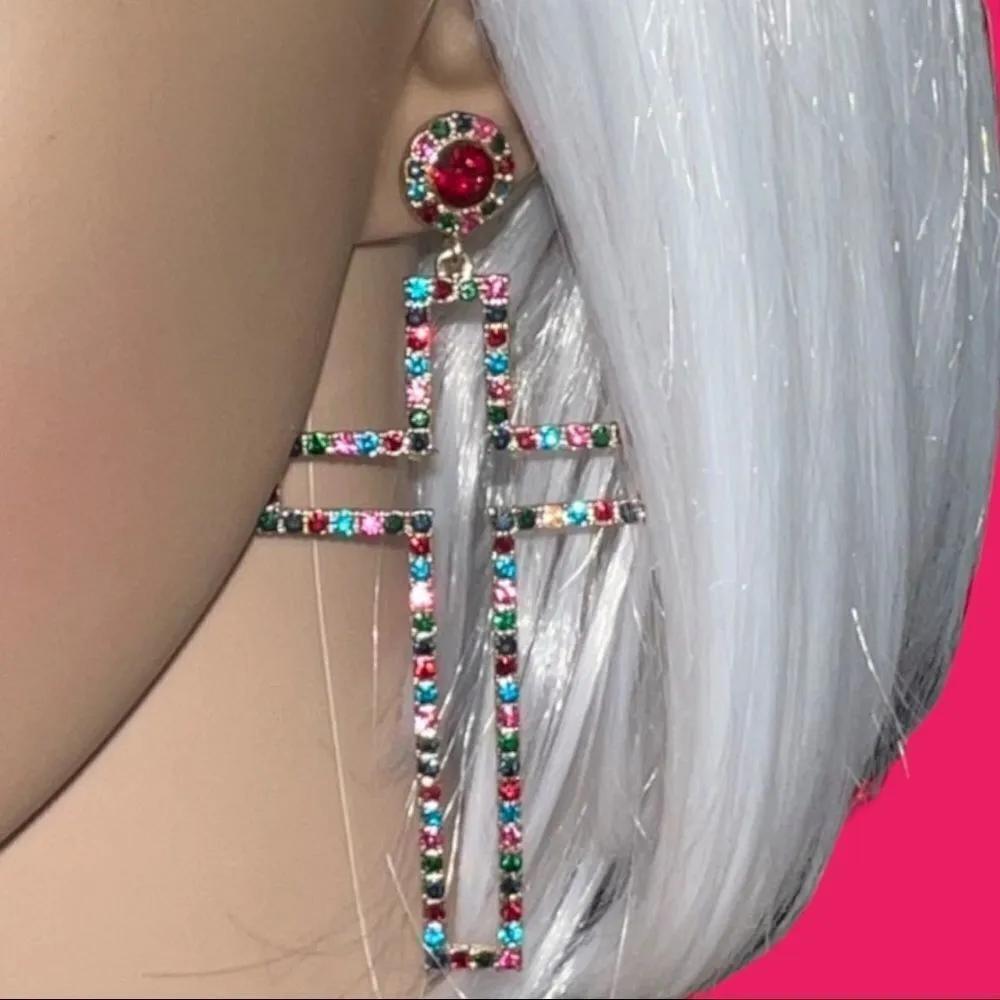 Nwot beautiful colorful stone hollow cross earrings! - Image 3