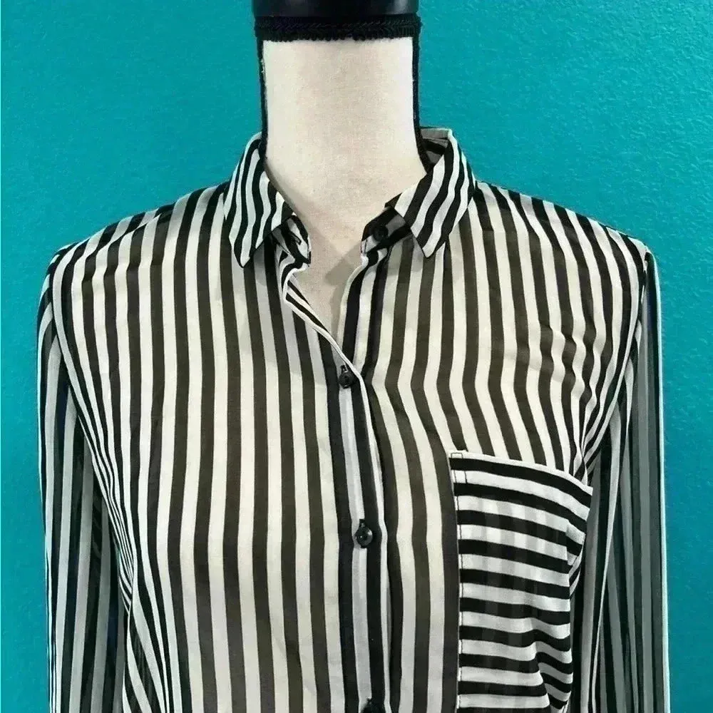 Zara trafaluc sheer long sleeve black and white striped button down top - Image 2