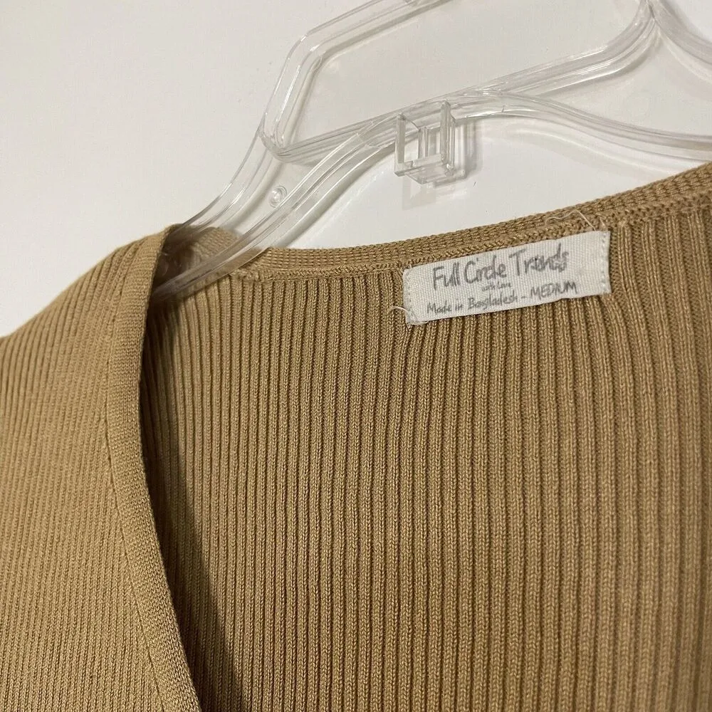 Full Circle trends double tie front ribbed cardigan tan brown size medium - Image 2