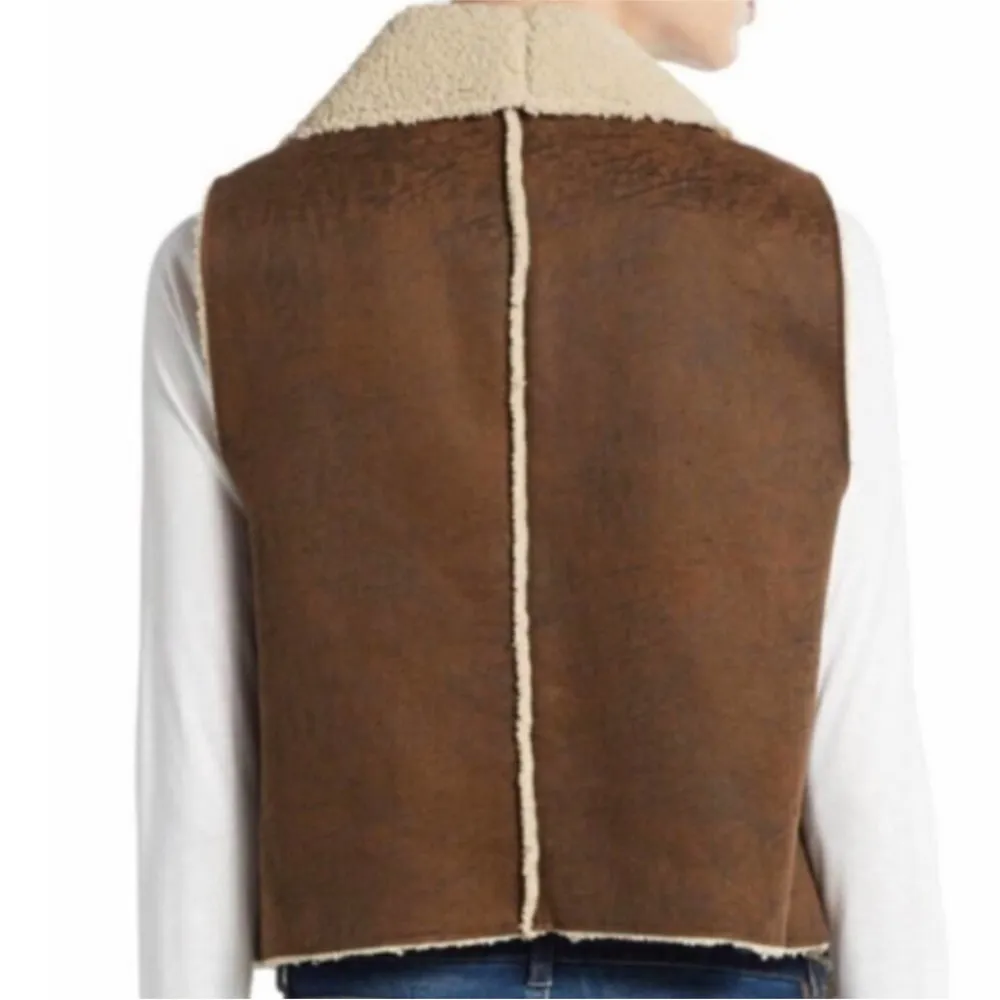 C&C California Open Front Vest Sherpa-Lined Faux Shearling Furry Brown & Tan szM - Image 5