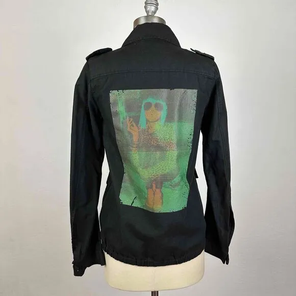 Sly Glamour Graphic Print Military Casual Jacket Black Size 2 - Image 2