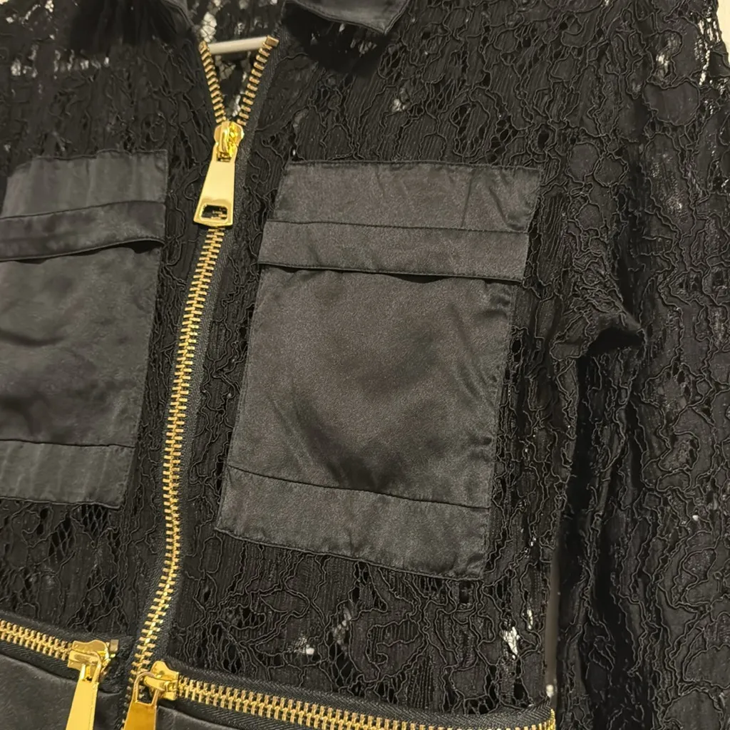 Alexis Keira black Lace mini dress eyelet gold zipper size M satin - Image 4