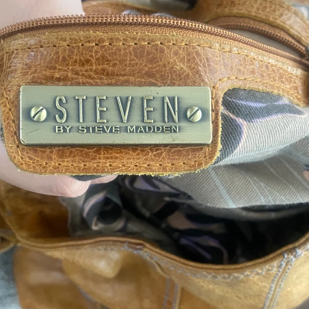 STEVEN by Steve Madden Premium Brown Leather Studded Hobo Shoulder Handbag - Image 6