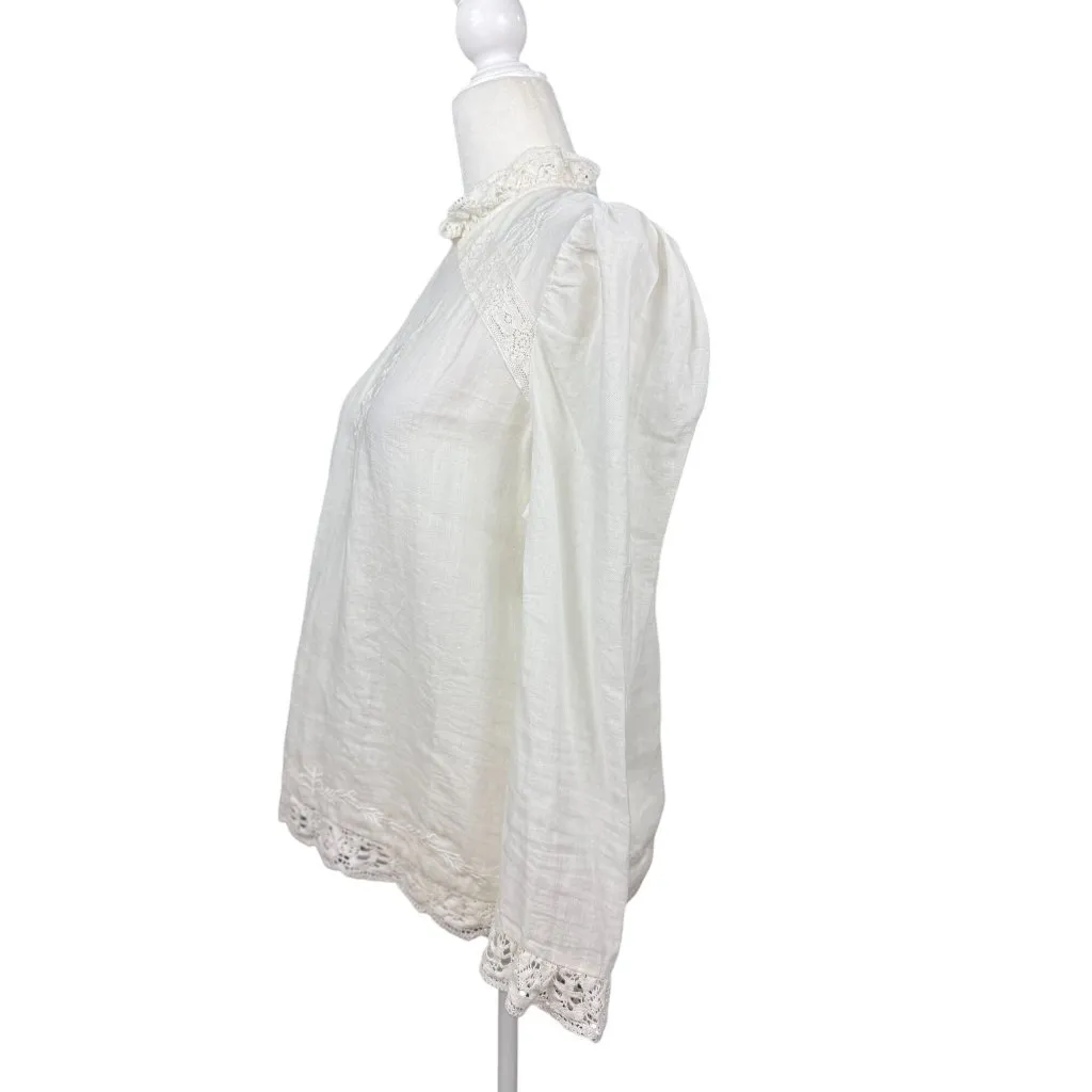 Zara S White Lace Embellished Victorian Blouse Lace Ruffle High Neck Long Sleeve - Image 4