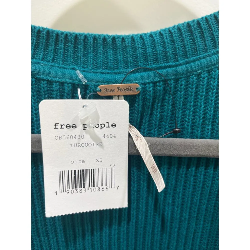 NWT Free People Allure V Neck Ribbed Pullover Sweater in Turquoise Size XS - Image 4