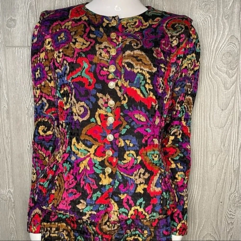 80’s Silk Blend Suit Jacket / blazer & Skirt Floral Print embroidered look skirt Pink Size 10 - Image 8