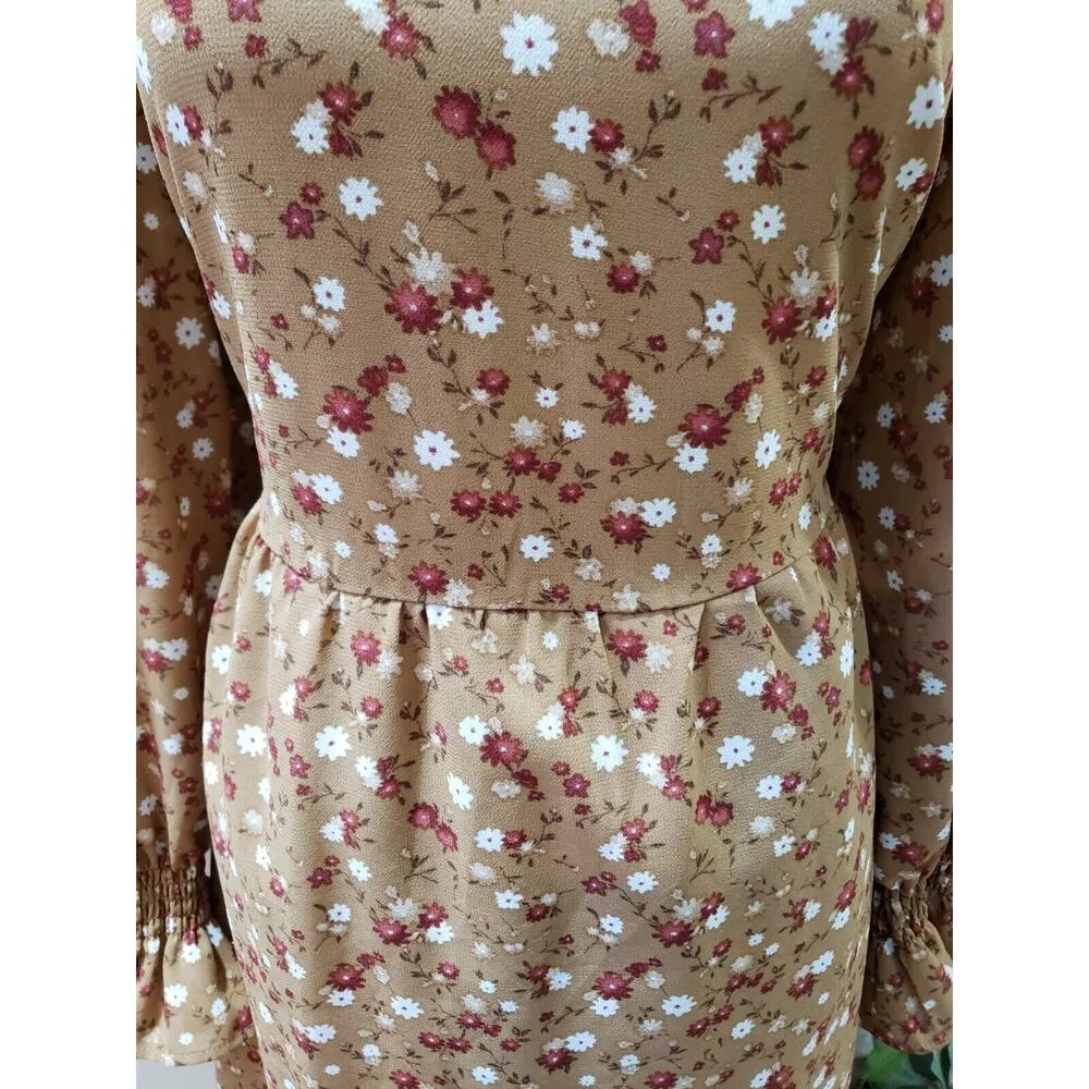 Est 1946 Women's Brown Lined Floral Long Sleeve Crew Neck Shift Dress Size Large - Image 3