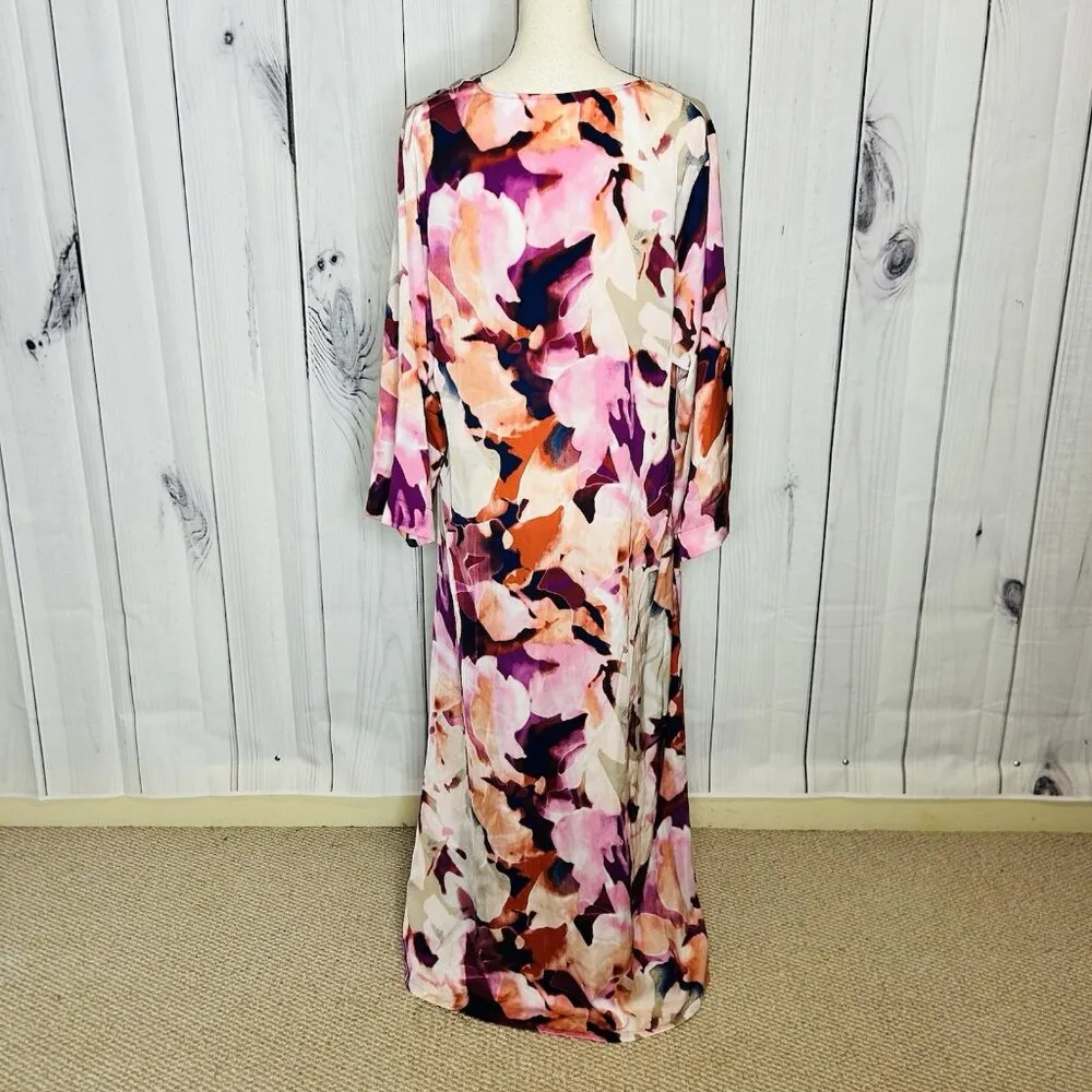 N Natori Caftan Pink Purple Abstract Floral Mix Sz L Full Zip 3/4 Sleeve Pockets - Image 9