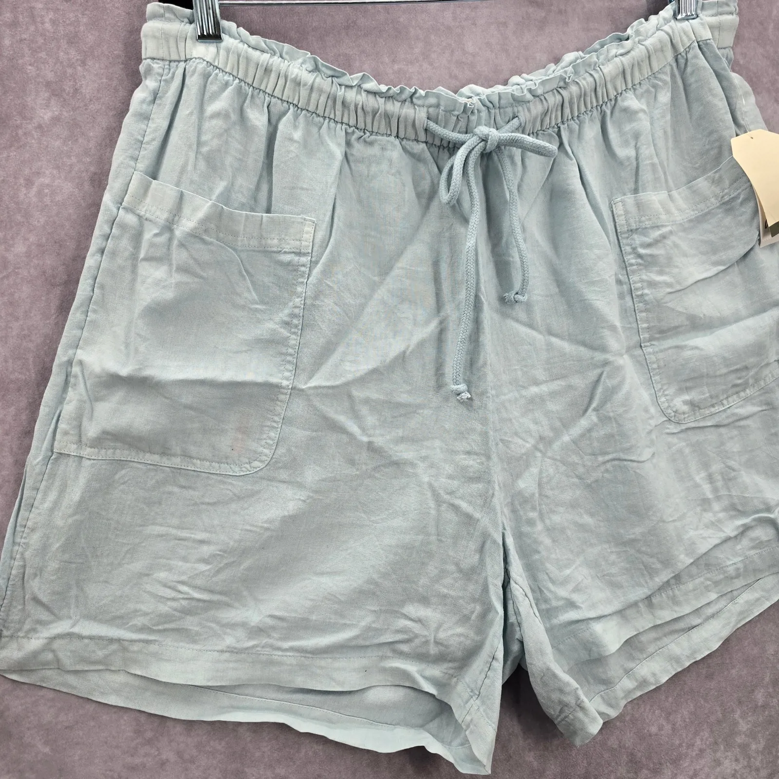 Wonderly Blue Pullon Ruffle Linen Relaxed Pants Shorts Plus 2X - Image 4