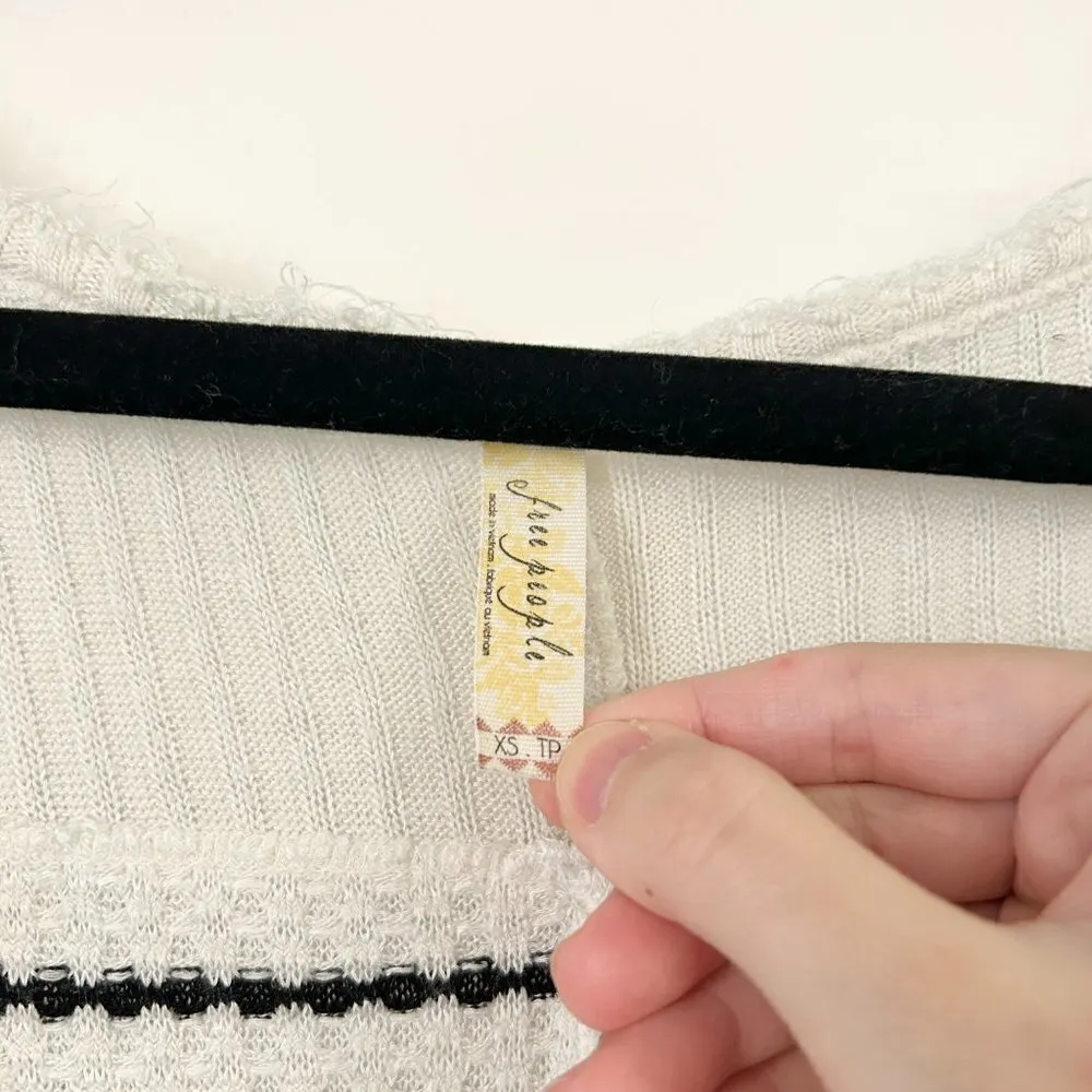 Free People White Black Striped Waffle Knit Distressed Long Sleeve Top Size XS - Image 5