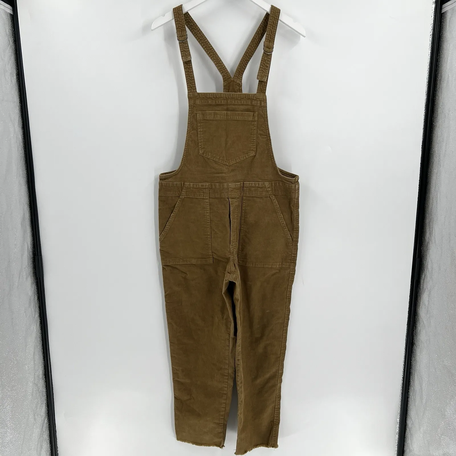 Aerie Werk & Play Brown Corduroy Bib Overalls Size Medium Raw Frayed Hem Casual - Image 3