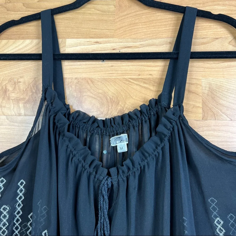 Cecico Sheer Tank Blouse w/Embroidery and a keyhole front tie Black - Image 7
