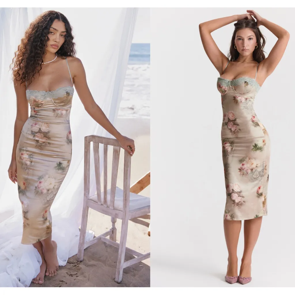 HOUSE OF CB L D-DD 'Venus' Vintage‎ Floral Midi Dress green corset NWOT - Image 3