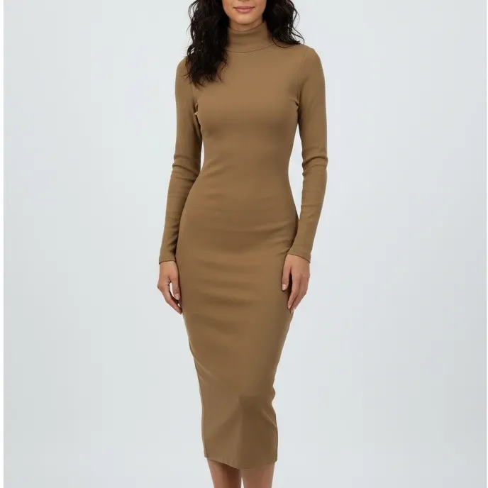 AG Adriano Goldschmied Ribbed Knit Turtleneck Midi Dress Camel Brown Size S - Image 3