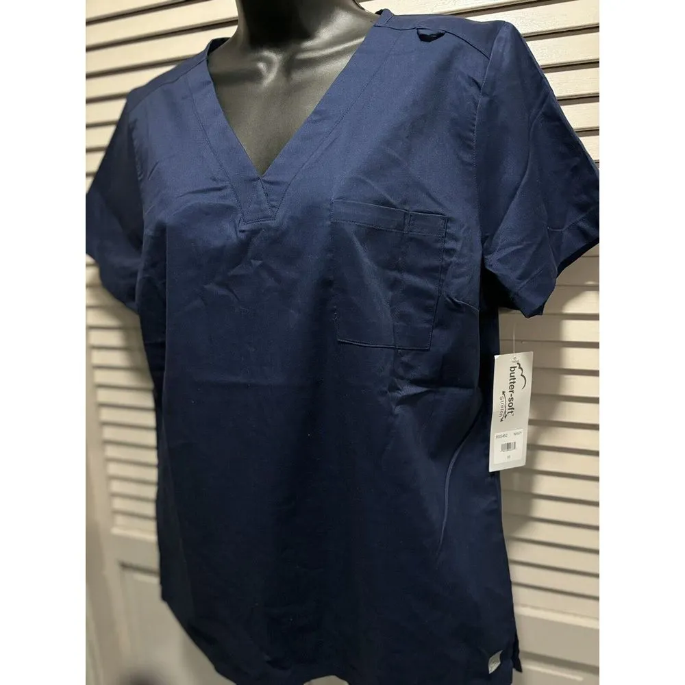 Butter Soft Navy Stretch Short Sleeve V Neck Pockets Size Medium‎ NWT Blue - Image 2