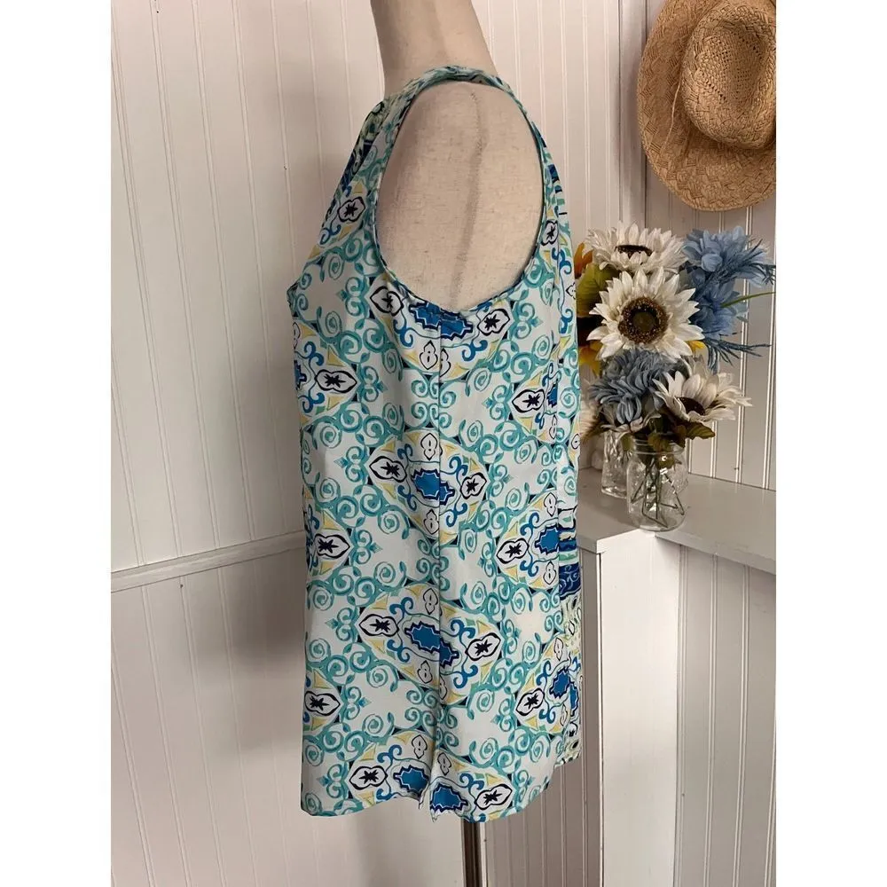 Blue, White & Yellow Abstract Printed SLeeveless Top Blue Size M - Image 3