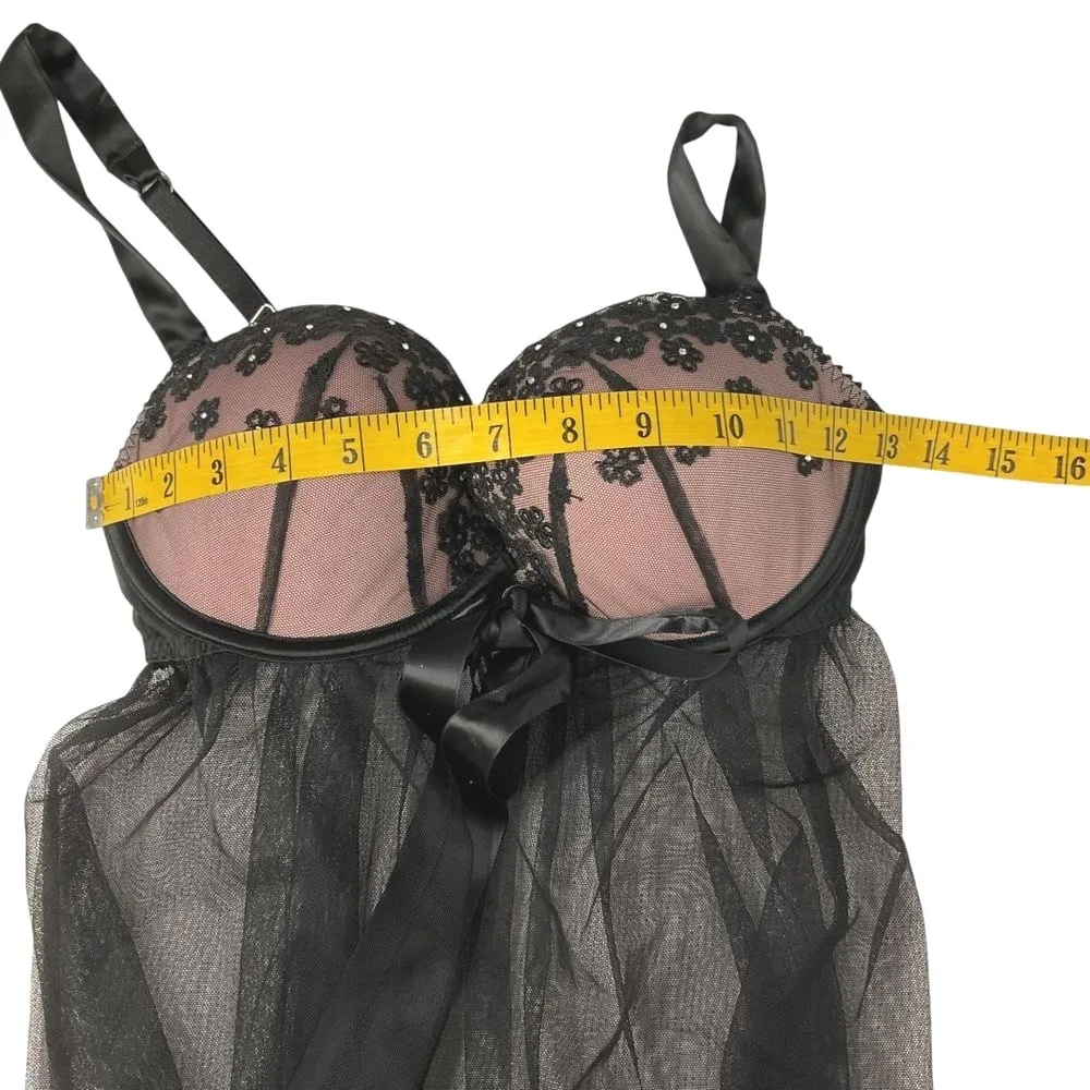 Victoria's Secret Underwire‎ Bra Babydoll Chemise Tie Front Sheer Black 34D - Image 9