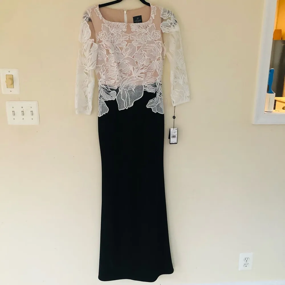 New Adrianna Papell Embroidered Contrast Evening Gown Black Ivory Women's size 2 - Image 5