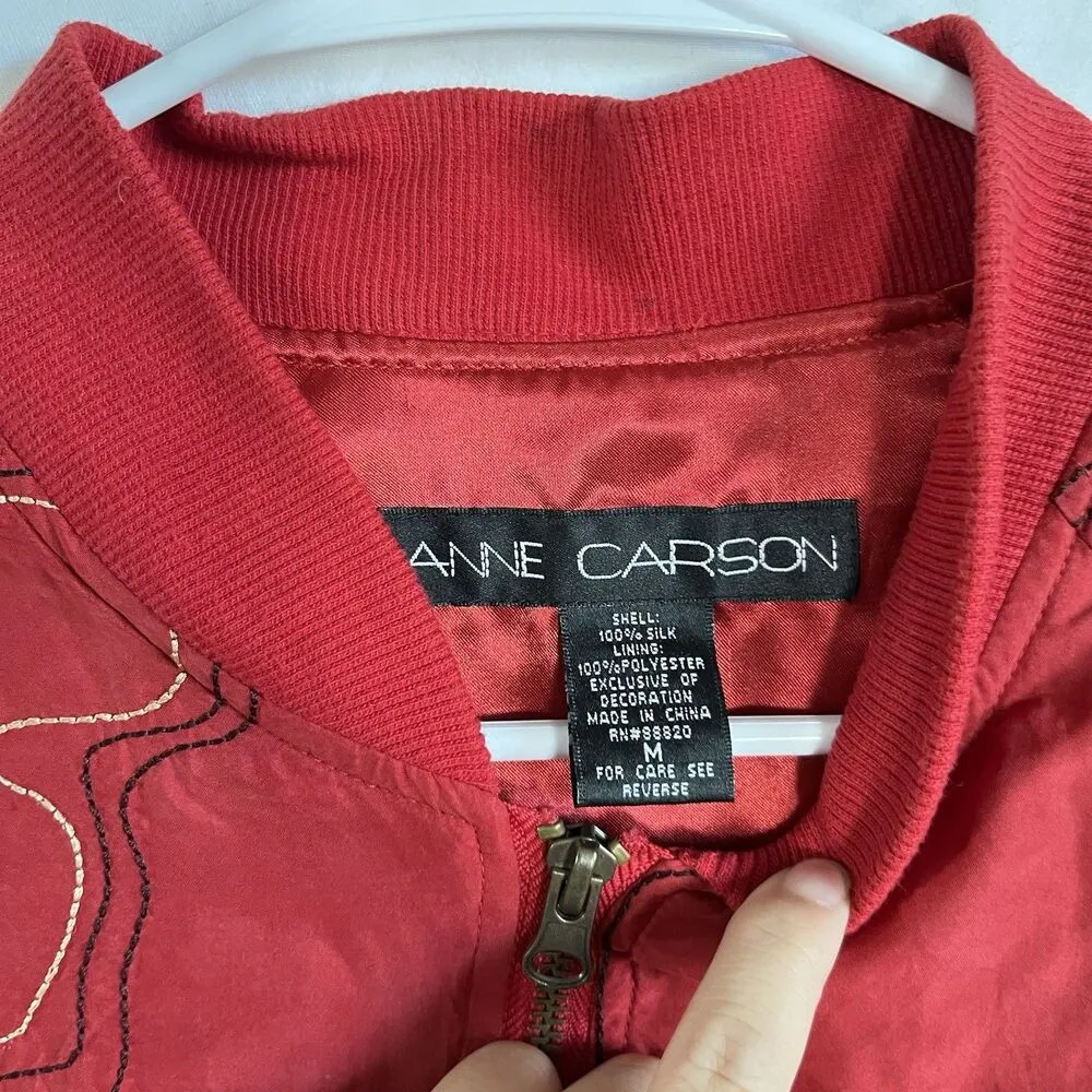 Anne Carson Workshop Red Silk Floral Embroidered Bomber Jacket Women Sz M - Image 5