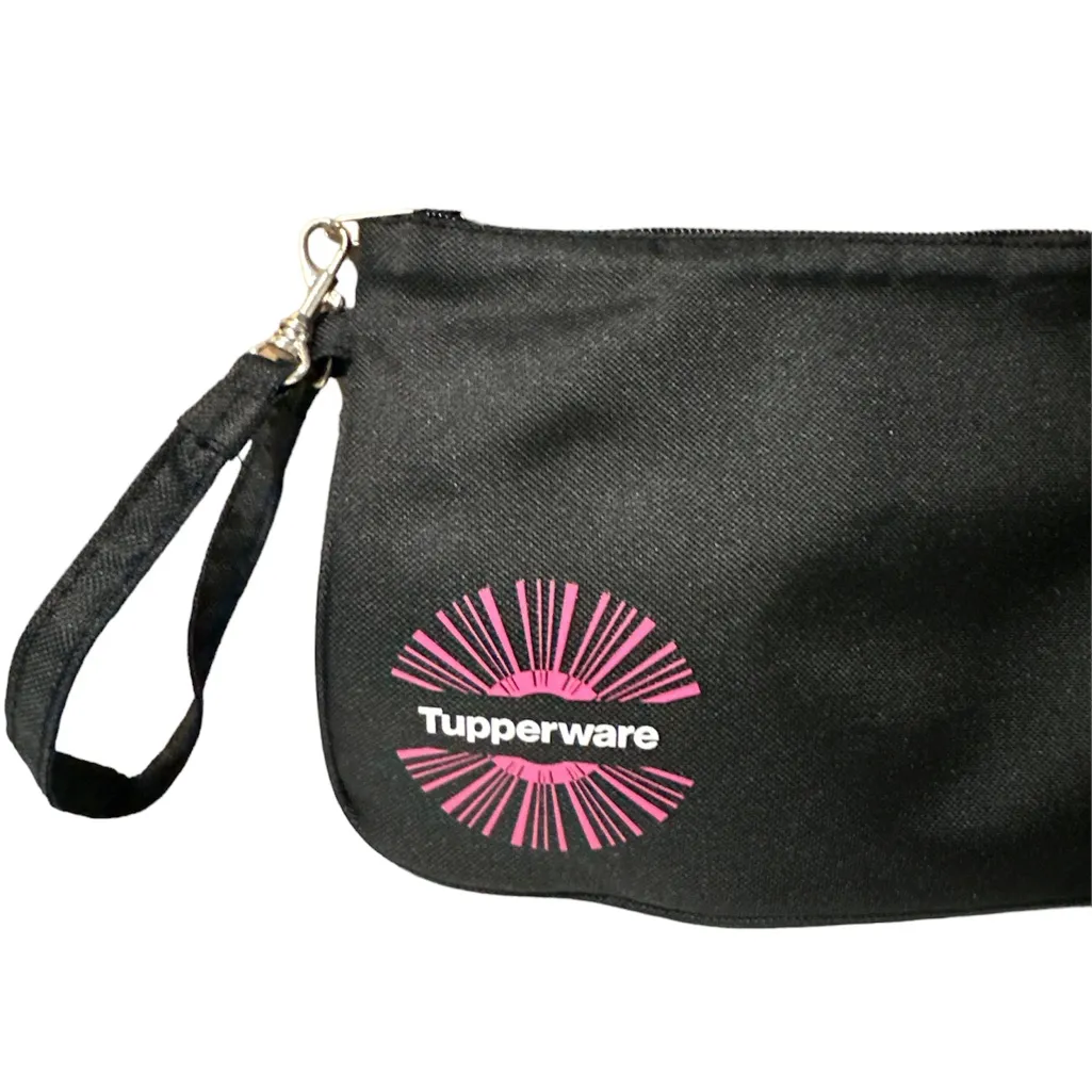 Tupperware brand classic black nylon logo wristlet NWOT - Image 3