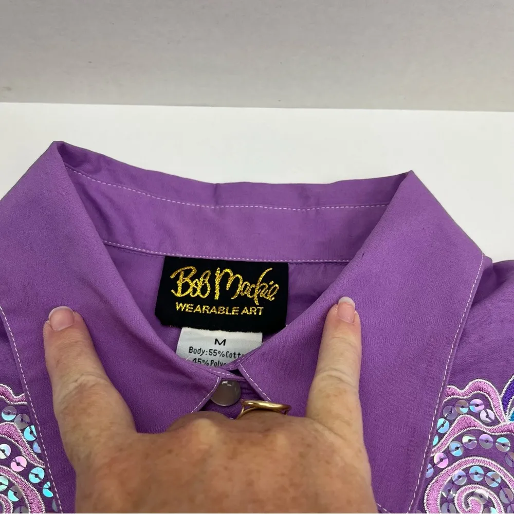 Bob Mackie Shirt Women Medium Purple Embroidered Wearable Art Western Style FLAW - Image 8