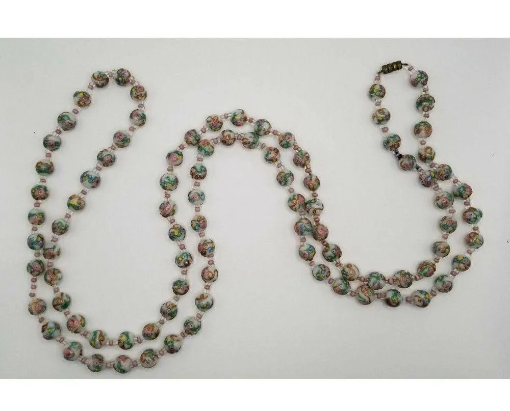 Beaded Single Strand Necklace Long Pink Green Multicolor With Flowers Women's - Image 2