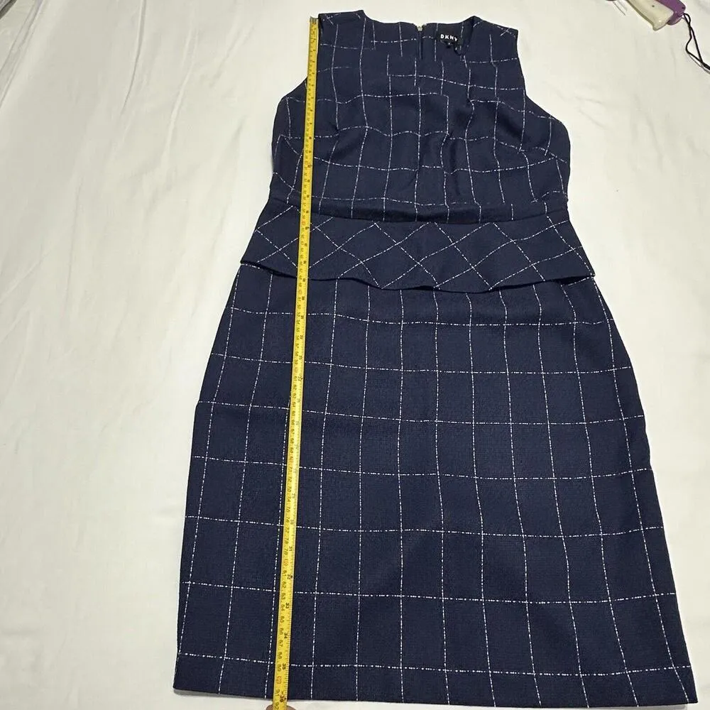 DKNY Peplum Blue Windowpane Tweed Sheath Dress Sz 8 - Image 7