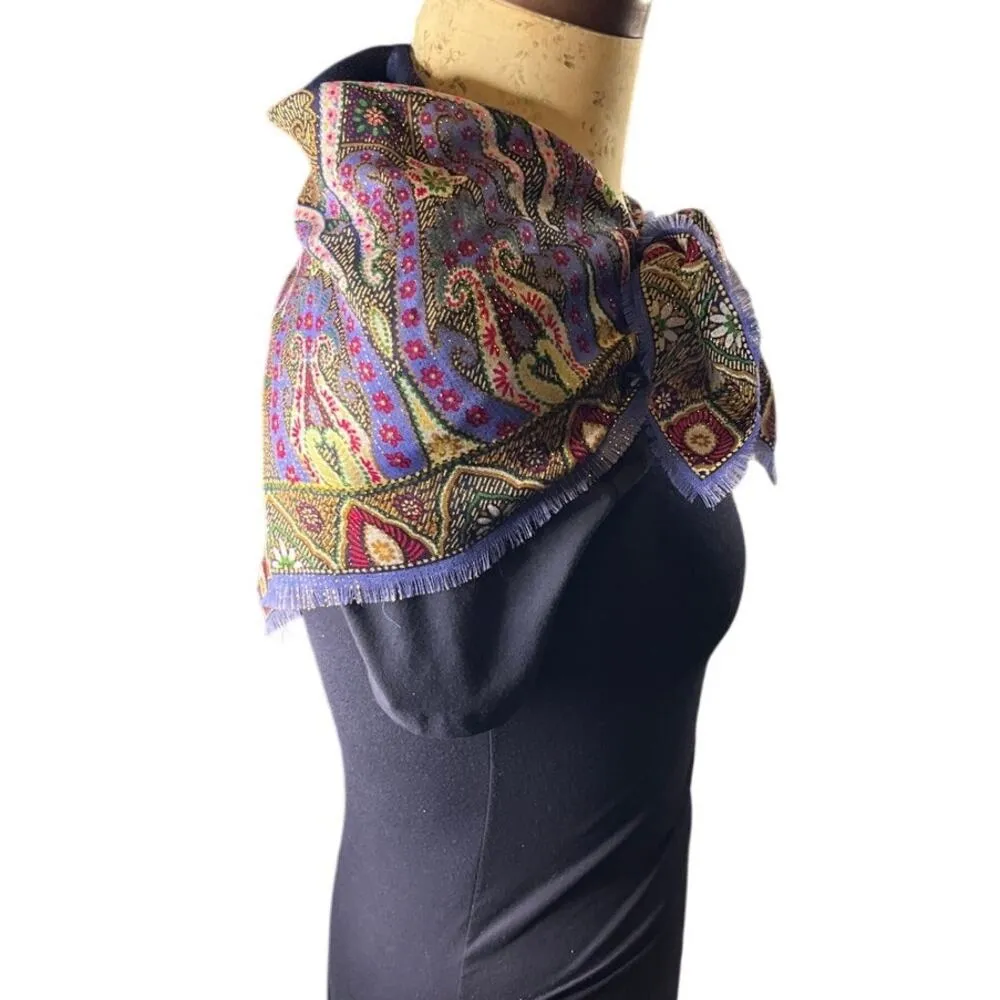 Purple Wool Printed Sparkly Scarf fringe edges 30in Vintage - Image 7