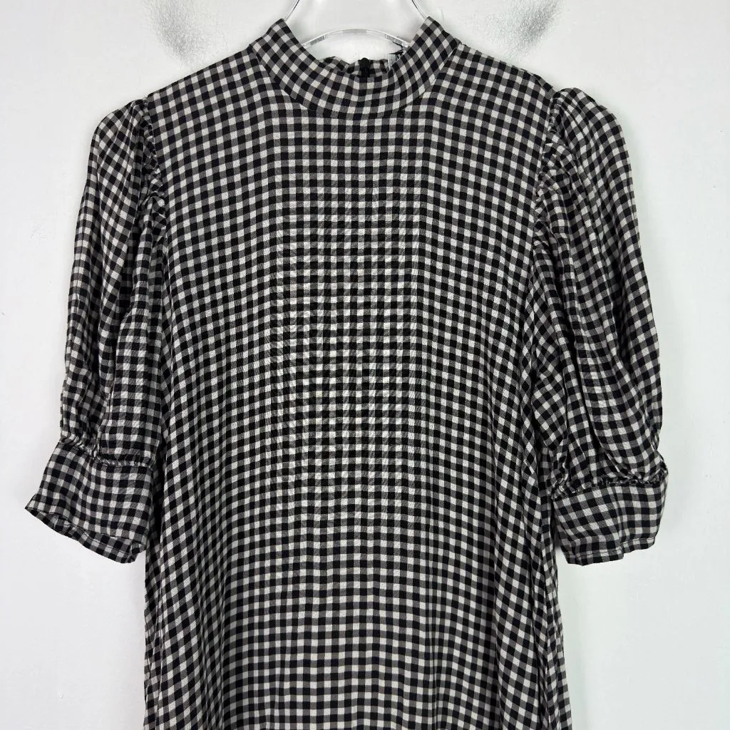 GANNI Gingham Crepe Mini Dress Mock Neck Black White EU Size 38 US Size 6 EUC - Image 3