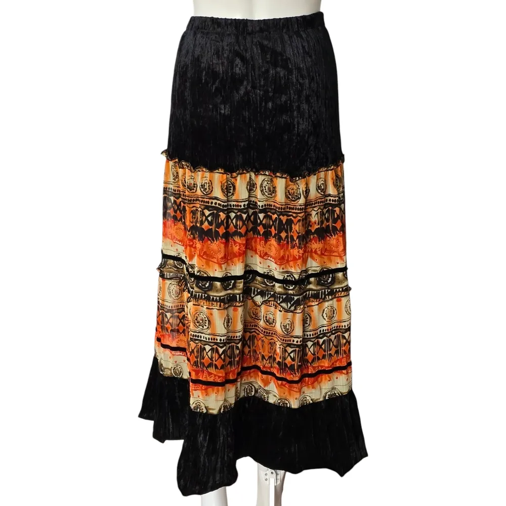 Script Y2K Whimsigoth Velvet Peasant Midi Skirt Script Border Print Size 20 Black - Image 5