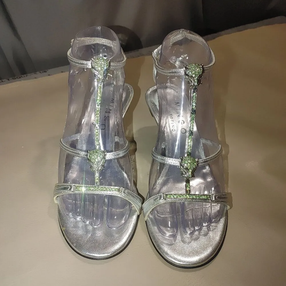Mingo Portofino Vero Cuolo Italy Heels Silver Lime Green Crystals Panther Jaguar Size 5.5 - Image 5