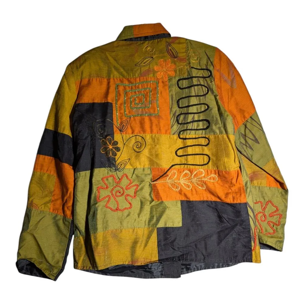 Vtg Y2K Indigo Moon Green Orange Patchwork Floral Embroidered Button Up Jacket S - Image 2