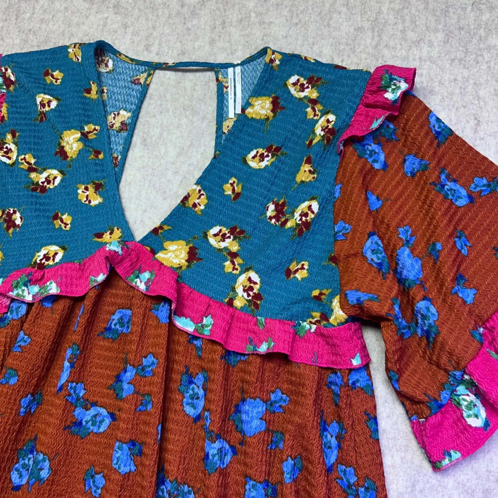 Anthropologie Floral Ruffle Sleeve V Neck Mini Sleep Babydoll Dress Size L Boho - Image 2