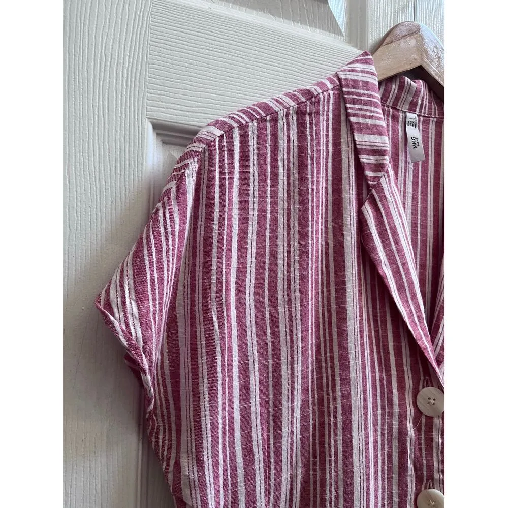 MNG Mango Basics Striped Camp Collar Linen Blend Button Top Size 8 Medium - Image 3