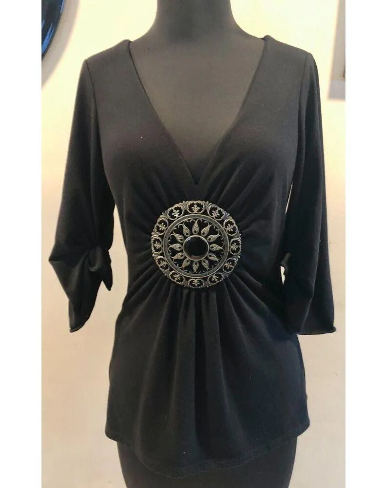 Cache Black Stretch Ruched V Neck HUGE 5" METAL Medallion Top Split Sleeve $128 - Image 3