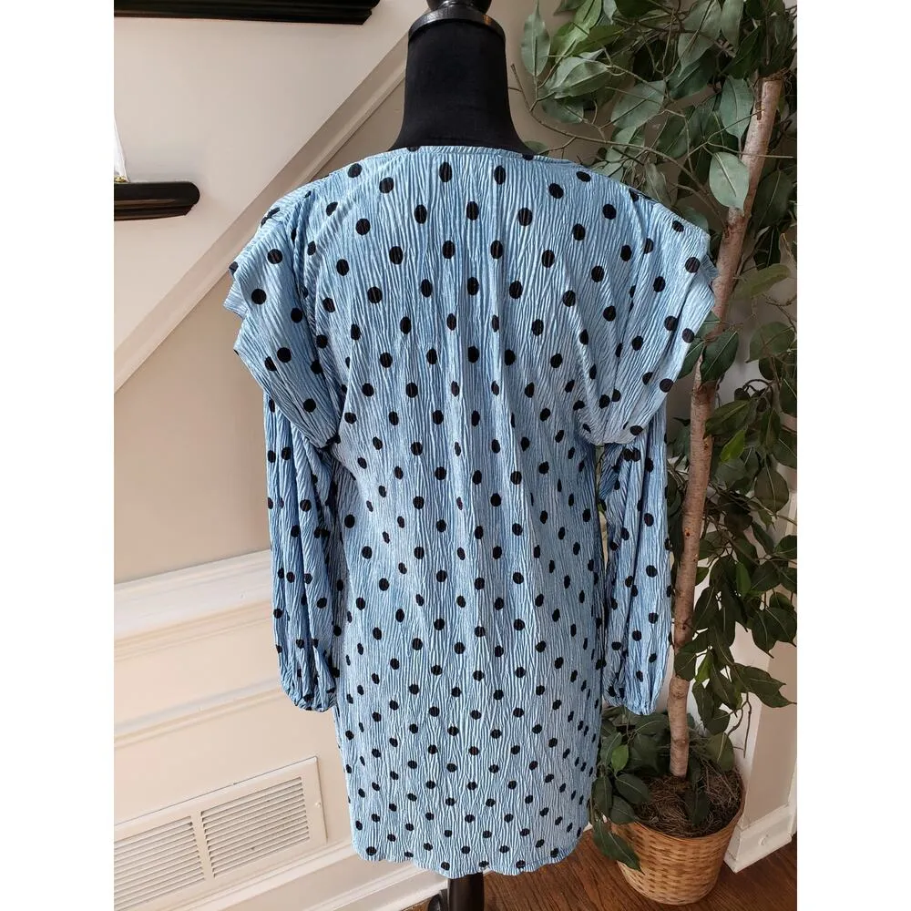 Zara Fit & Flare Dress Womens S Blue Black Polka Dot Shoulder Long Sleeve V Neck - Image 4