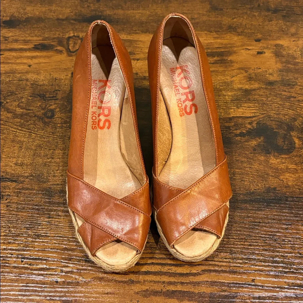 KORS by Michael Kors wedges cognac brown leather espadrilles size 5.5 - Image 2