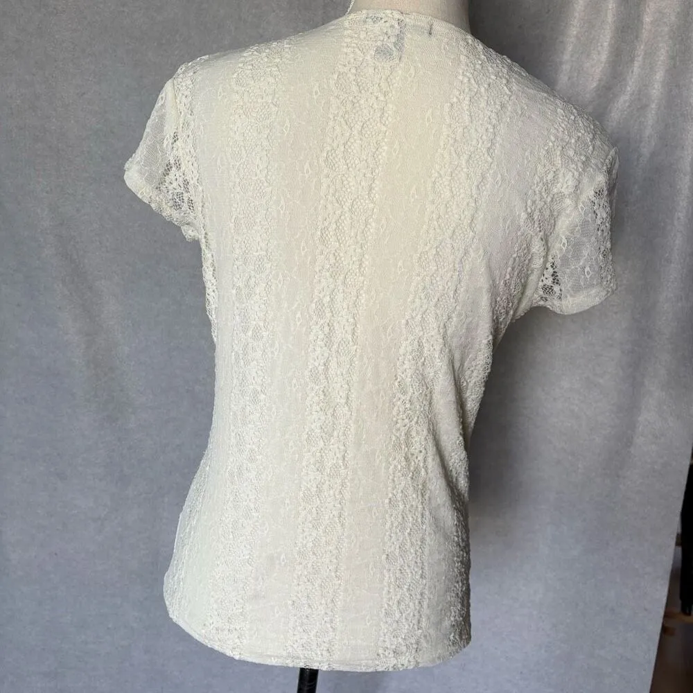 Vintage Ivory White V-neck Short-sleeve Lace Top Stretch Fitted Y2K Rafaella - Image 2