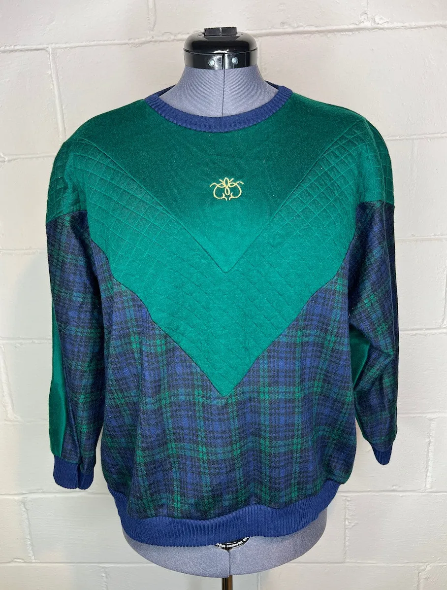 sweatshirt plaid chevron quilted green navy shoulder pads 1980s Size L - Image 1